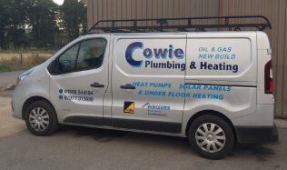 The Cowie Plumbing & Heating van, liveried for oil and gas, heat pumps, solar panels and underfloor heating