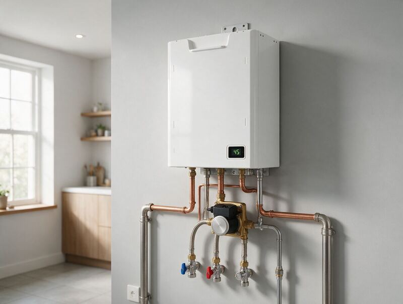 A modern wall-hung gas boiler with neat pipework