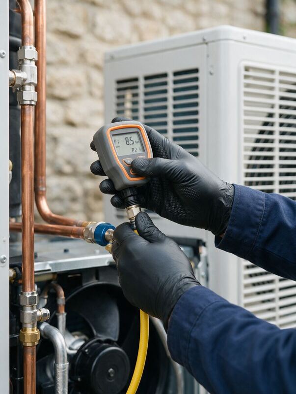 Engineer commissioning an air source heat pump with a digital gauge