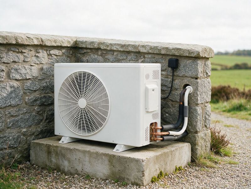 An air source heat pump beside a stone cottage in the Aberdeenshire countryside