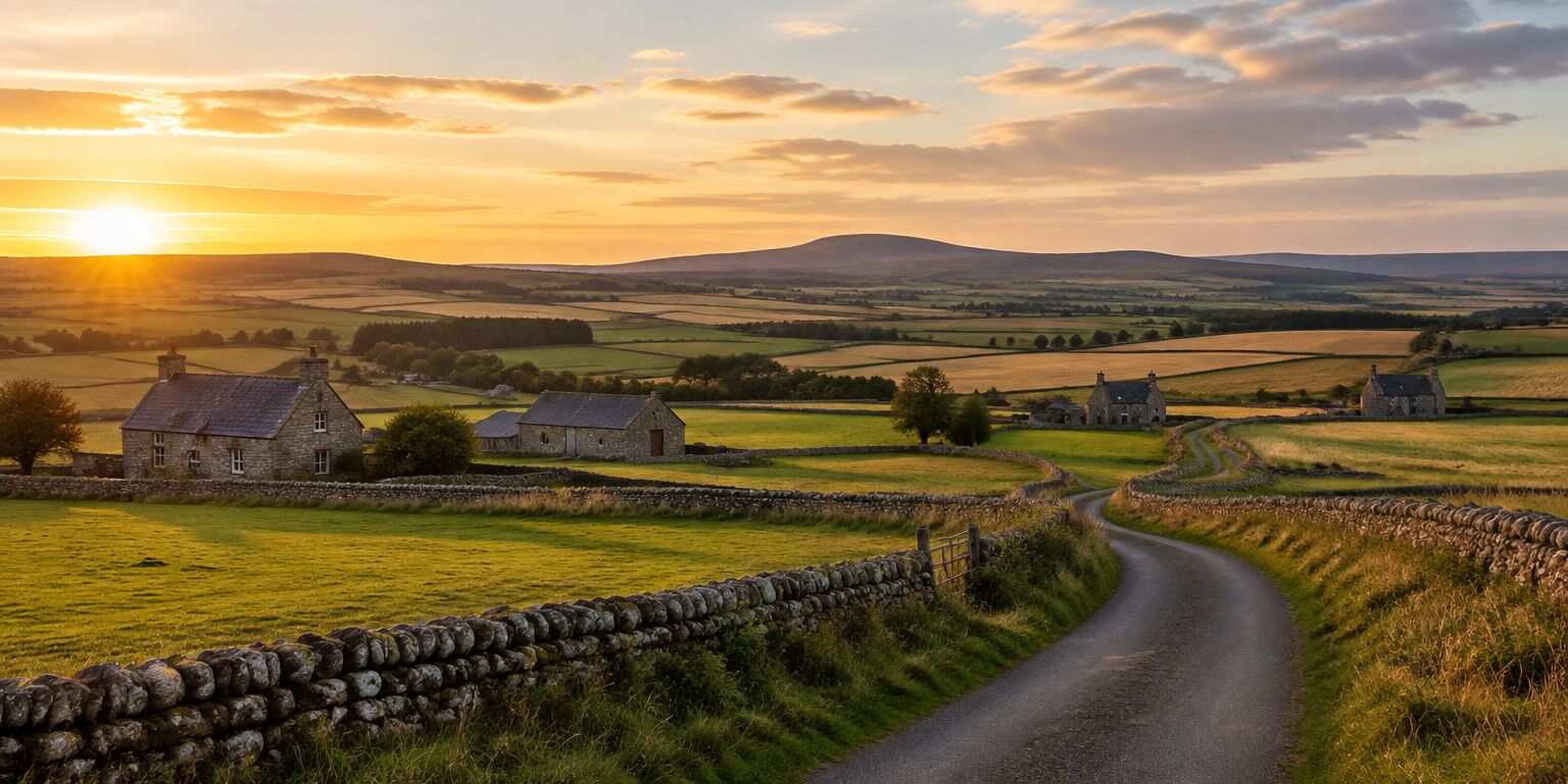 Rolling Aberdeenshire farmland with granite cottages and a country road at sunset
