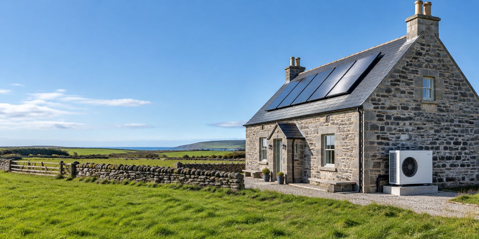 Granite farmhouse in Aberdeenshire with roof-mounted solar panels and an air source heat pump