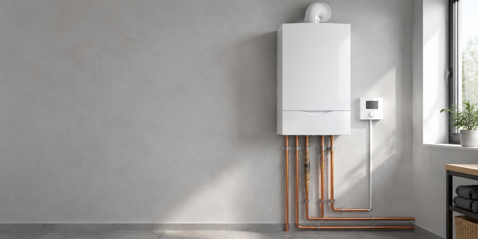 Modern white wall-hung boiler with copper pipework and a heating controller