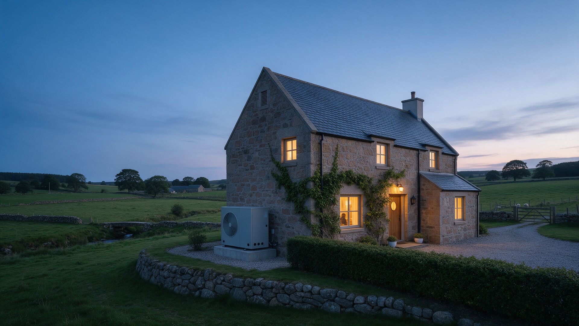 Stone farmhouse in rural Aberdeenshire at dusk with an air source heat pump beside it