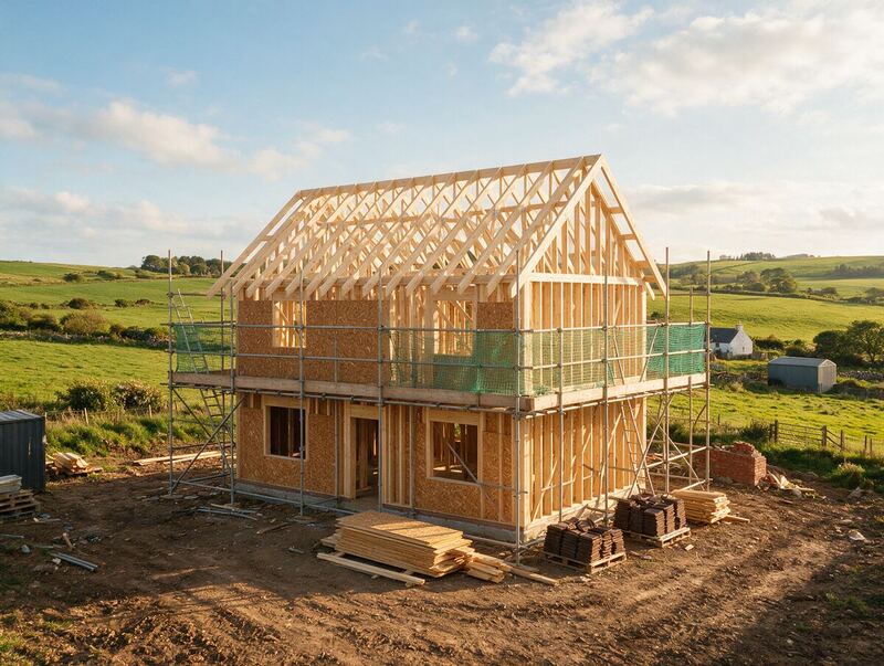 A timber-frame new build house under construction in the countryside
