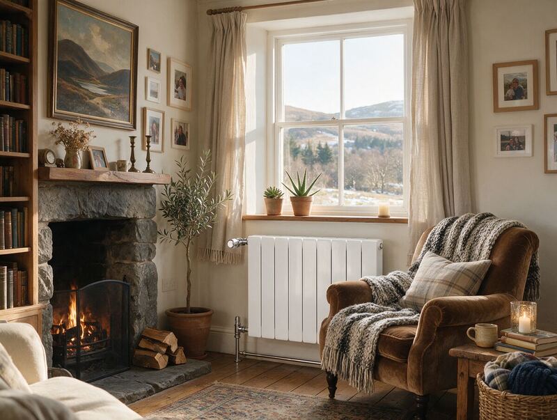 Modern panel radiator with a thermostatic valve beneath a farmhouse window