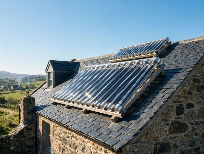 Solar thermal tube collectors on the slate roof of a stone house in rural Scotland