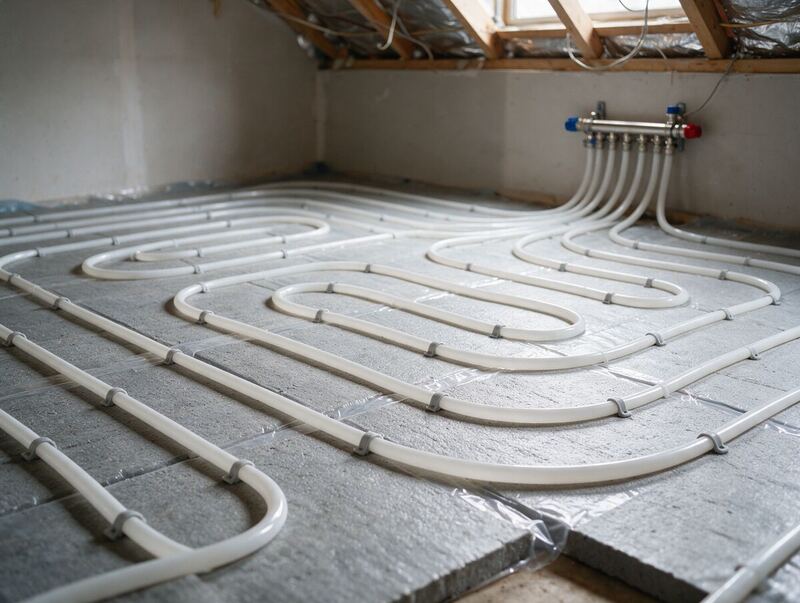 Underfloor heating pipe loops laid on insulation boards with a manifold on the wall
